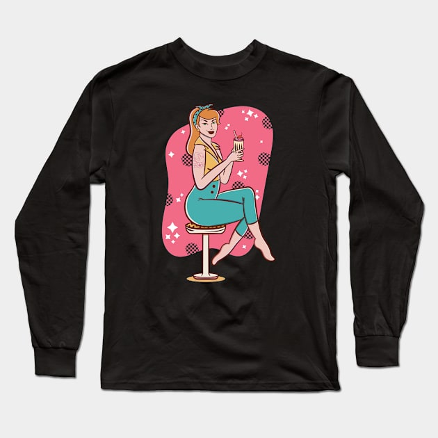 Retro Pin Up Girl Soda Fountain Long Sleeve T-Shirt by SLAG_Creative